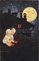 Olasz művészlap, gyerekek, hold, este s: Colombo, Italian art postcard, children, moon, night s: Colombo