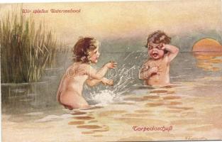 Children, humour, Primus-Postkarte, Wohlgemuth &amp; Lissner No. 1025. s: Fialkowska Gyerekek, h...