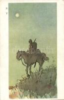 Japanese military card, soldier on horse, artist signed, Japán katonai lap, katona lóháton, szignós