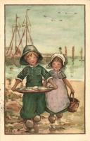 Holland gyerekek, halász, M. Munk Vienne No. 736. litho s: J.M.J., Dutch children, fisherman, M. Munk Vienne No. 736. litho s: J.M.J.