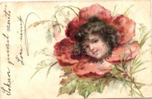 1899 Pipacs, lány fej, bizarr, litho 1899 Poppy flower, girl's head, bizarre, litho