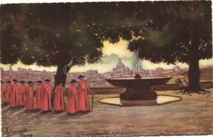 Róma, Akadémiai kert; művészi képeslap, Roma, Rome; Veduta dall' Academia di Francia; artist signed art postcard