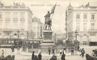 Brussels, Bruxelles; Royal square, lace manufacture, statue, tram
