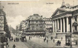 Brussels, Bruxelles; La Bourse, tram, Bock Artois, Van den Bergh &amp; Co.;Margerine &quot;Belgica&quot; advertisement on the backside