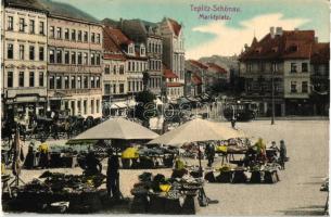 Teplice, Teplitz-Schönau; Marktplatz / market place, tram, Grand Hotel zum Alten Rathaus, shop of Günther Schindler and Paul Horwitz