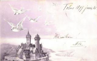 1899 Castle with doves, litho, 1899 Kastély galambokkal, litho