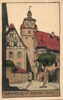 Rothenburg ob der Tauber, Weisser Turm / tower, Künstler-Stein-Zeichnung litho