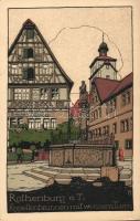 Rothenburg ob der Tauber, Kapellenbrunnen, Weissem Turm/ fountain, tower, Künstler-Stein-Zeichnung litho