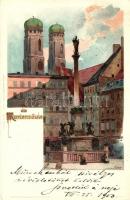 München, Mariensäule / square, J. Velten's Künstlerpostkarte No. 84. litho s: Kley