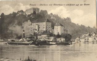 Passau, Duna-part, gőzhajó, MFTR uszályok, Passau, Riverside, steamships, Passau, Oberhaus und Unterhaus, Schiffahrt auf der Donau