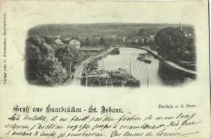 1898 Saarbrücken - St. Johann, folyópart, 1898 Saarbrücken - St. Johann, Riverside, 1898 Saarbrücken - St. Johann, Parthie an der Saar. Verlag von C. Schmidtke