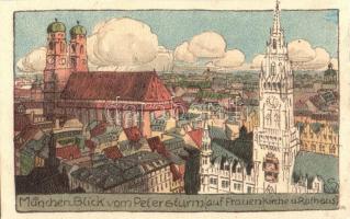 München, Frauenkirche, Rathaus / church, town hall, L.K.M. Plein Air litho, artist signed