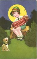 Italian art postcard, Accordion playing girl, dog, Amag 0268. Olasz művészlap, harmonikázó kislány, ...