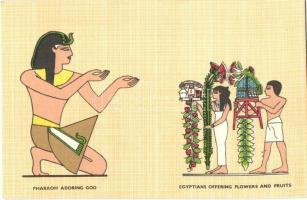 Pharaoh adoring god, Egyptians offering flowers and fruits