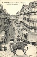 Orléans, Rue de la Republic / street, statue of Jeanne d'arc, tram