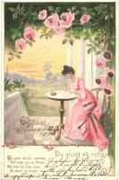 Romantic lady, E.B. &amp; C.i.B. 9244. floral litho, Romantikus hölgy, E.B. &amp; C.i.B. 9244. floral litho