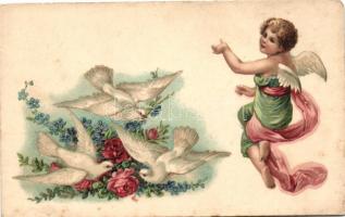 Szerelmes üdvözlő lap, galambok, rózsa, Kupidó, litho, Love greeting card, doves, roses, Cupid, litho