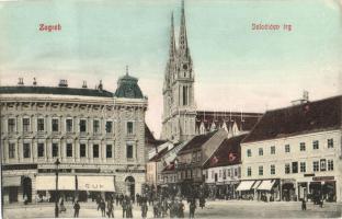 Zagreb, Jelacicev trg. / square, shops of N. Ock, Josip B. Deutsch, Mijo Hercog, Josip Valentic, Ferdo Krizman and Konig