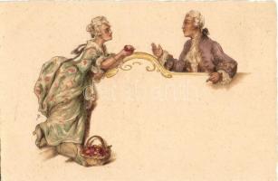 Barokk romantikus lap, pár, litho, Baroque romantic card, couple, litho