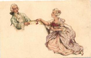 Baroque romantic card, couple, litho, Barokk romantikus lap, pár, litho