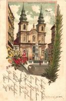 1897 Vienna, Wien; Mariahilferkicrhe mit Haydn Denkmal / church, statue, floral, litho