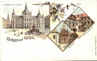 Graz, Hauptplatz, rathaus, Mausoleum, Hof im Landhaus / Main square, town hall, mausoleum, litho, floral