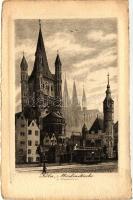 Köln, Martinskirche / church, tram, etching