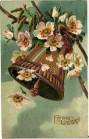 Easter, bell with flowers, golden decoration, Emb. litho; P.F.B. Serie 6709. Húsvét, harang virágokk...