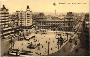Brussels, Bruxelles; Rogier square, railway station, trams, restaurant