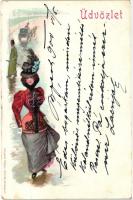 Lady, gentleman, greeting card, litho