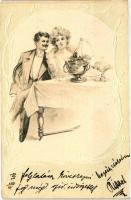 Romantic couple, Art Nouveau Emb. litho