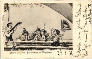 Tegernsee, Bräustüberl / beer hall, humorous card, drunk angels; B. Lehrburger 10972.