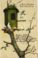 Birds, tree, nest, Emb. litho