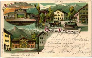 1898 Oberammergau, Passions-Theater, Gasthaus zum Post, Wittelsbacher-Hof, Restauration zum Herrgottschnitzer / theatre, guest house, restaurant, floral litho; Ringler &amp; Sohn