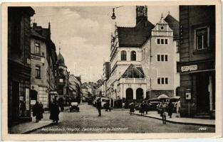 Reichenbach im Vogtland, Zwickauerstrasse, Postamt / street, post office, shop of Schüller, automobiles