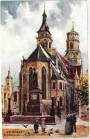 Stuttgart, Stiftskirche, Schiller Denkmal / church, statue; Raphael Tuck &amp; Sons Oilette Serie &quot;Stuttgart&quot; II. No. 653. B. s: Charles E. Flower