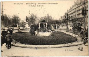 Dijon, Place Darcy, Fountaine Jeunesses, Statue de Rude / square, fountain, statue, tram