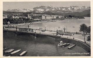 Zürich, Quaibrücke, Utoquai / bridge, lake, trams, boats