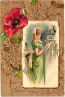 Lady, poppy, floral Emb. litho