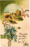 Landscape greeting card, floral, No. 3432. Art Nouveau Emb. lithom