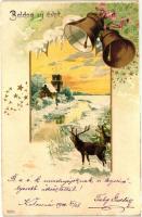 New Year, winter landscape, bells, 5295. litho, Újév, téli táj, harangok, 5295. litho