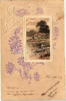 Landscape, floral greeting card, Emb. litho