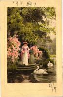 Lady, swan, Meissner &amp; Buch Künstler-Postkarten Serie 1672. litho, Hölgy, hattyú, Meissner &amp; Buch Künstler-Postkarten Serie 1672. litho