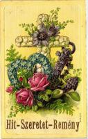 Hit, Szeretet, Remény, SB Ser. 777. aranyozott floral Emb. litho, Theological virtues; Faith, Hope, Charity, SB Ser. 777. golden floral Emb. litho