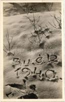 BUÉK 1940, kiadja a 102. számú 'Ganz' Cserkészcsapat, New Year, 'Happy New Year 1940' written in the snow