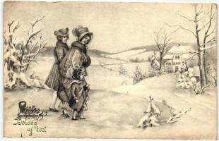 New Year, family with sled in the snow, V.K. Vienne No. 5351