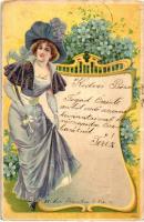 Floral greeting card with lady, litho, Virágos üdvözlő lap hölggyel, litho