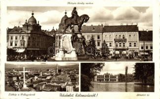 Kolozsvár, Mátyás király szobra, látkép a Fellegvárról,  Sétatéri tó, Cluj, statue, lake, panorama
