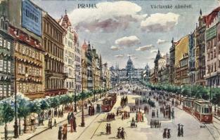 Prague Wenceslas square, trams, Prága Vencel tér, villamosok