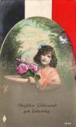 Kislány rózsával, német zászló, díszített képeslap, Girl with rose, German flag, decorated greeting card